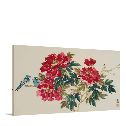 Blue Jays and Red Peonies