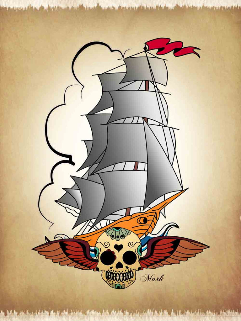 Old Ship Tattoo Skull II